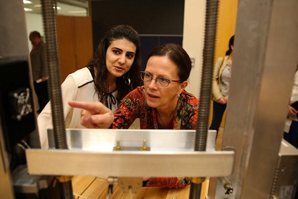 General engineering student and Kathryn Jablokow, associate professor of engineering design and mechanical engineering, examine a capstone project