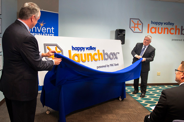 President Eric Barron unveils the new Happy Valley LaunchBox logo